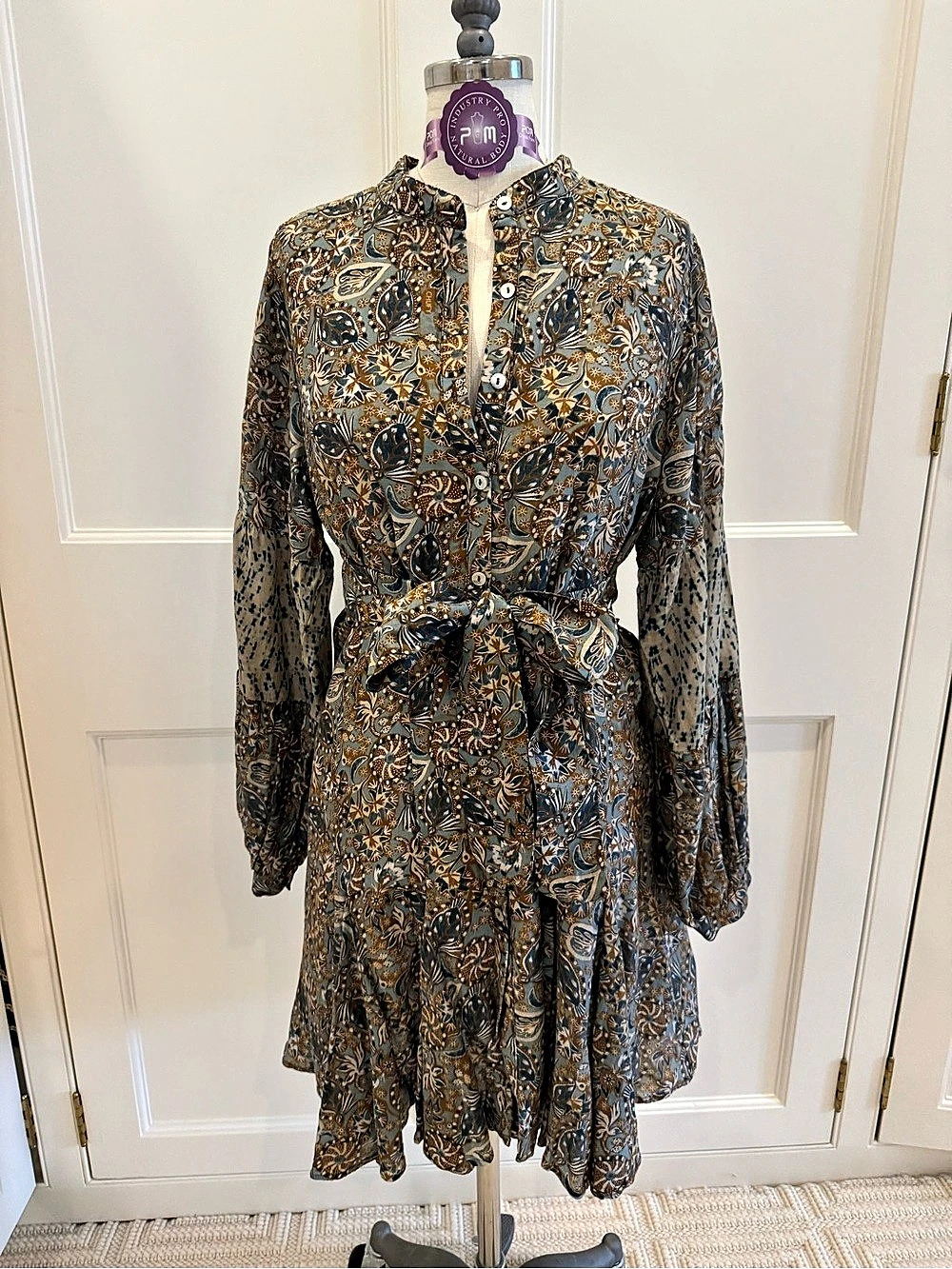 Chufy Nile Tales Dress Paisley Tie-Waist Mini Dress Blue & Brown Small